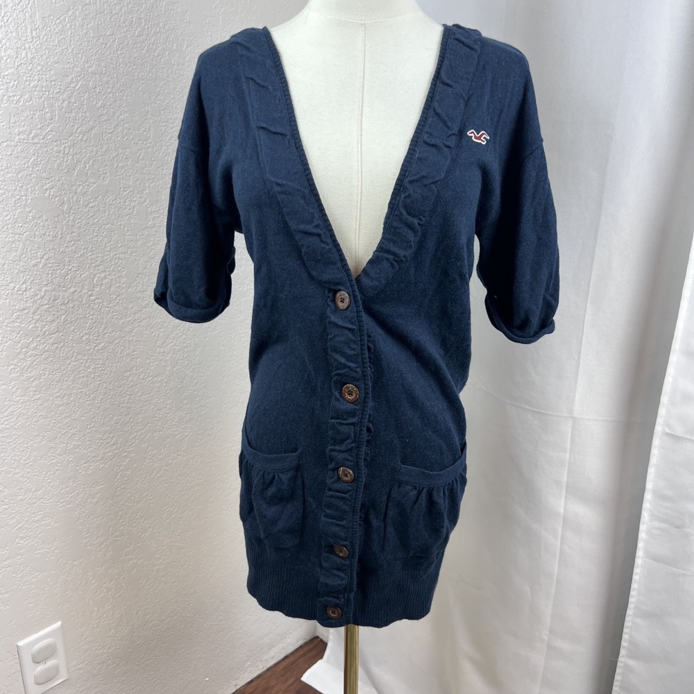 Y2K Hollister Long Cardigan Sweater Womens Small Blue Ruffle Academia Preppy
